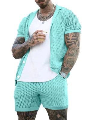 Short-sleeved shorts Knit lapel cardigan Short-sleeved men's suit-kakaclo-Acid blue-M-Très Elite