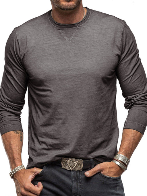 Men's Classic Cotton Long Sleeve Round Neck T-Shirt in Solid Color