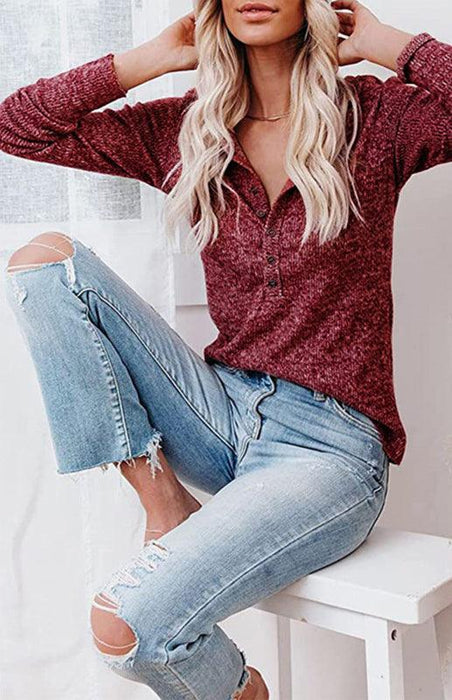 Chic V-Neck Long Sleeve Henley Top for Women with Elegant Style