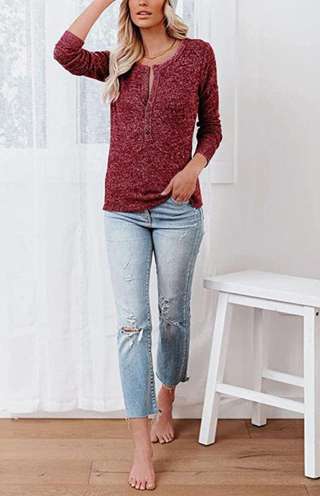 Stylish Women's V-Neck Henley Shirt with Long Sleeves