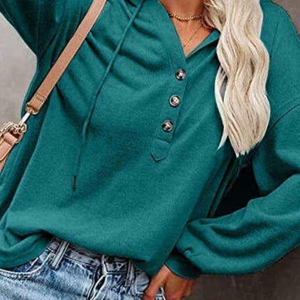 Trendy Women's Button-Up Lantern Sleeve Hoodie