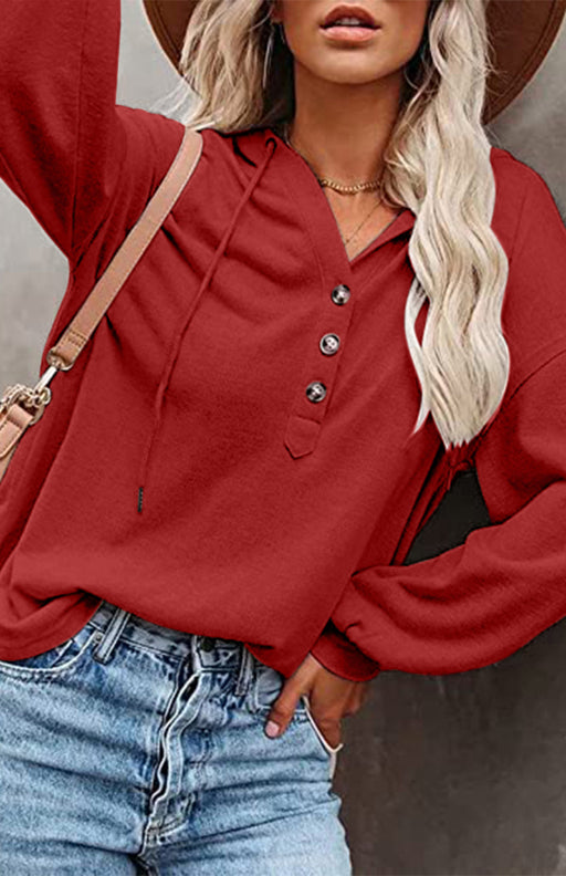 Lantern Sleeve Button-Up Hoodie Sweater for Women