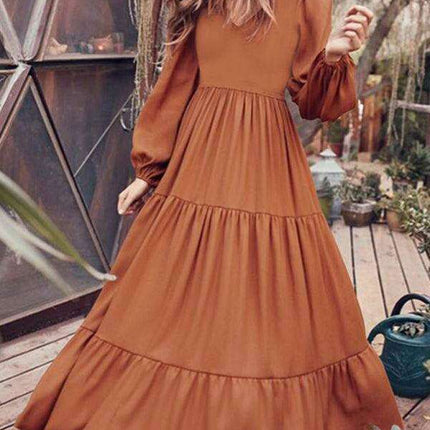 Bohemian Elegance: Autumn V-Neck Swing Dress with Pleated Details