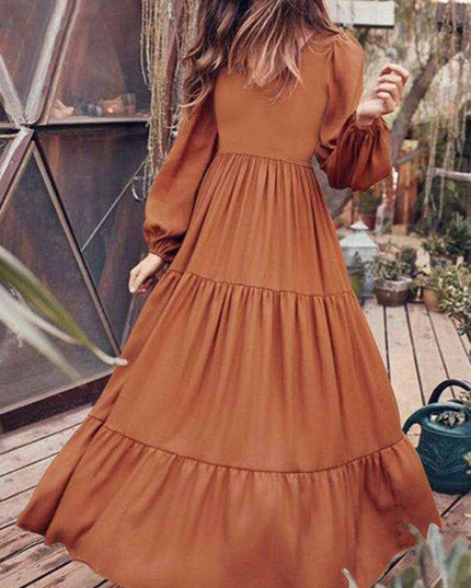 Bohemian Elegance: Autumn V-Neck Swing Dress with Pleated Details