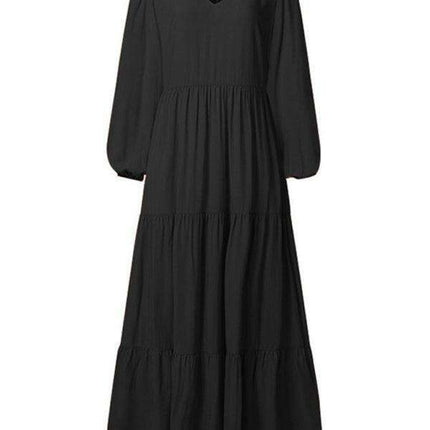 Bohemian Elegance: Autumn V-Neck Swing Dress with Pleated Details