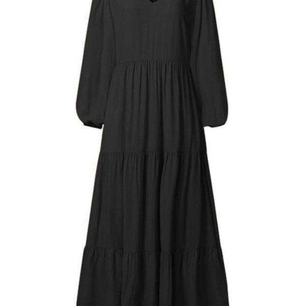 Bohemian Elegance: Autumn V-Neck Swing Dress with Pleated Details