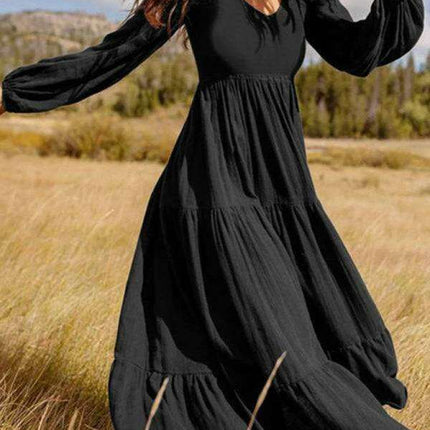 Bohemian Elegance: Autumn V-Neck Swing Dress with Pleated Details