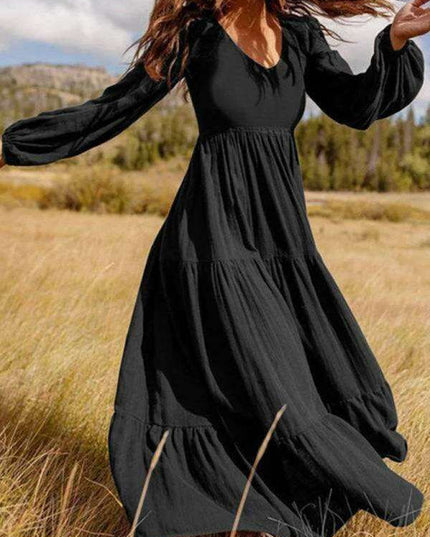 Bohemian Elegance: Autumn V-Neck Swing Dress with Pleated Details