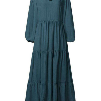 Bohemian Elegance: Autumn V-Neck Swing Dress with Pleated Details