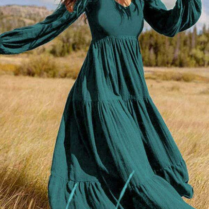 Bohemian Elegance: Autumn V-Neck Swing Dress with Pleated Details