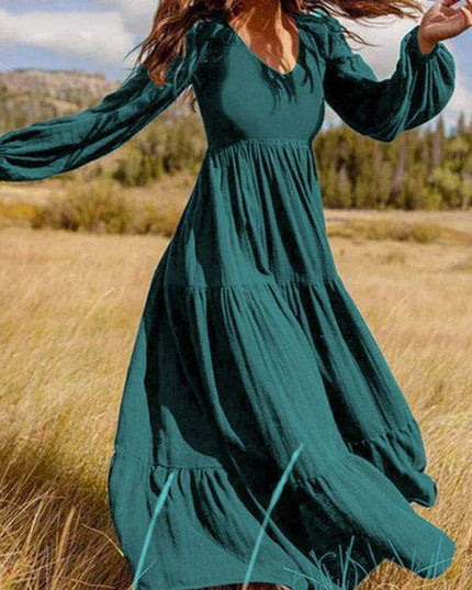 Bohemian Elegance: Autumn V-Neck Swing Dress with Pleated Details