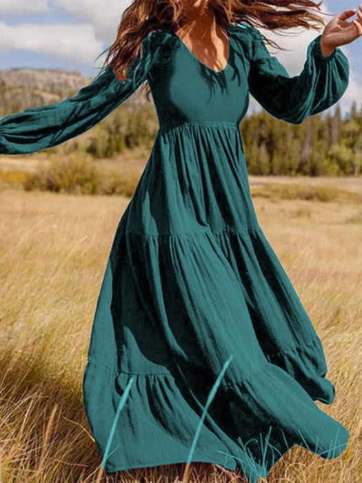 Autumn Elegance: Bohemian Flowy V-Neck Dress with Pleats