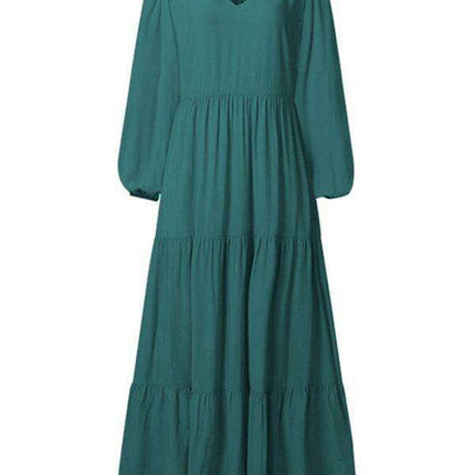 Bohemian Elegance: Autumn V-Neck Swing Dress with Pleated Details