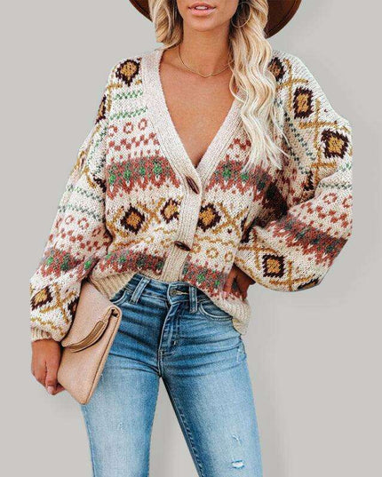 Bohemian Blossom | Women's V-Neck Knit Cardigan with Floral Elegance