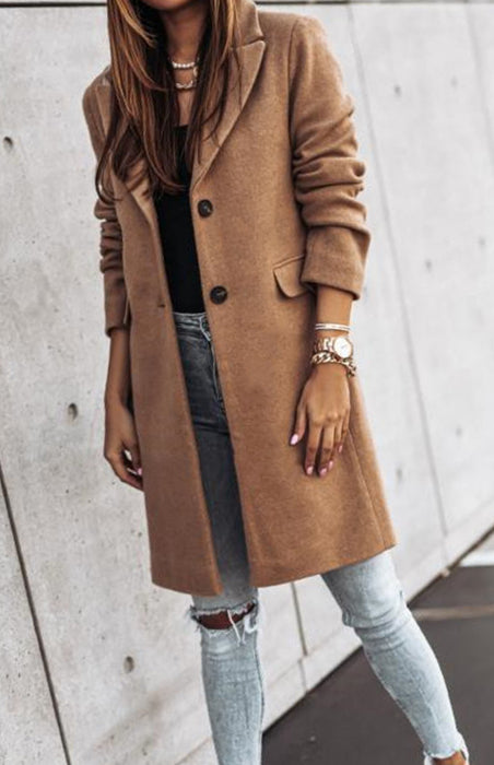 Tweed Coat with Knee-Length Sleeves and Waist Bags for Stylish Comfort