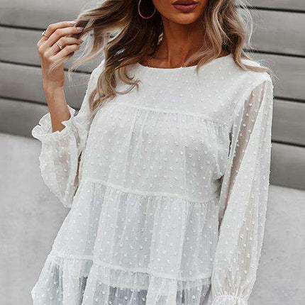 Elegant Jacquard Top with Balloon Sleeves - Versatile Women's Fashion Essential