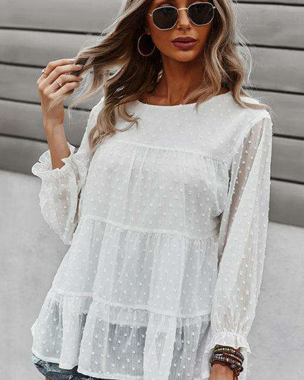 Elegant Jacquard Top with Balloon Sleeves - Versatile Women's Fashion Essential