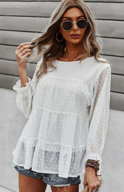 Elegant Jacquard Top with Balloon Sleeves - Versatile Women's Fashion Essential
