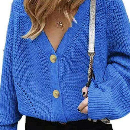 Elegant V-Neck Knit Cardigan with Dramatic Balloon Sleeves
