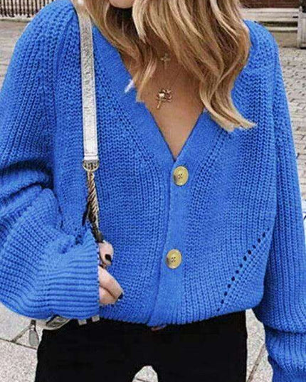 Elegant V-Neck Knit Cardigan with Dramatic Balloon Sleeves
