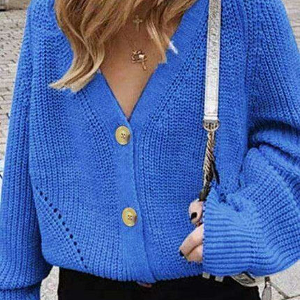 Elegant V-Neck Knit Cardigan with Dramatic Balloon Sleeves