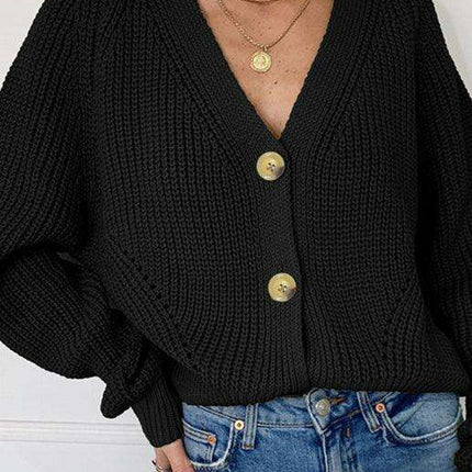 Elegant V-Neck Knit Cardigan with Dramatic Balloon Sleeves