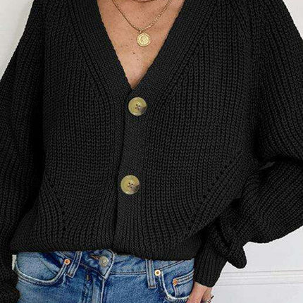 Elegant V-Neck Knit Cardigan with Dramatic Balloon Sleeves