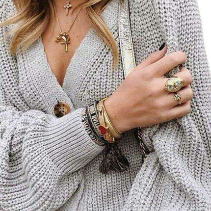 Elegant V-Neck Knit Cardigan with Dramatic Balloon Sleeves