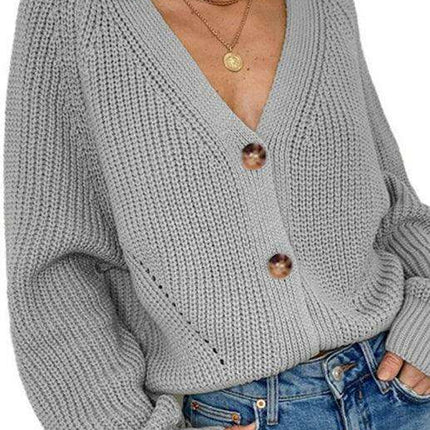 Elegant V-Neck Knit Cardigan with Dramatic Balloon Sleeves