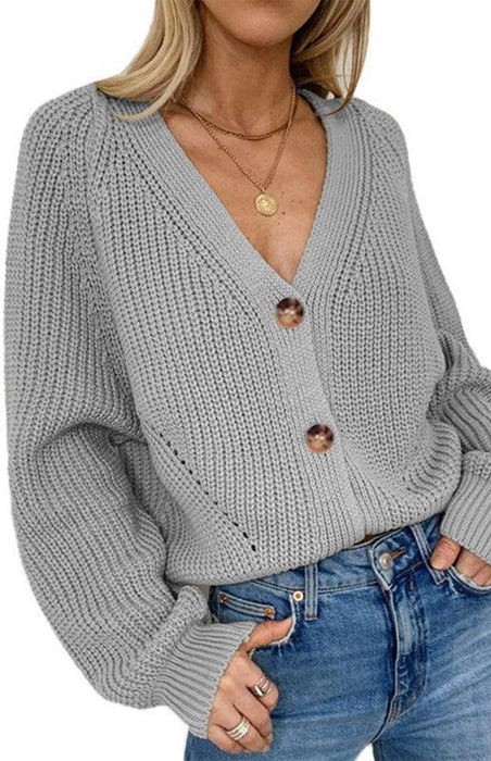 Radiant Elegance: Cozy V-Neck Button-Up Knit Cardigan with Lantern Sleeves