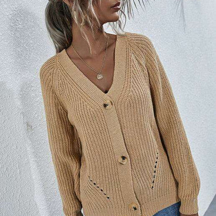 Elegant V-Neck Knit Cardigan with Dramatic Balloon Sleeves