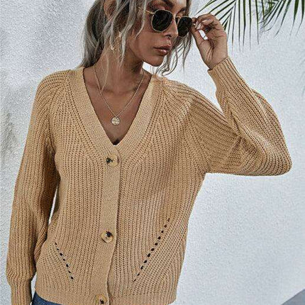 Elegant V-Neck Knit Cardigan with Dramatic Balloon Sleeves