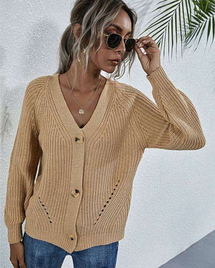 Elegant V-Neck Knit Cardigan with Dramatic Balloon Sleeves