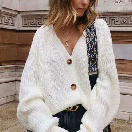 Elegant V-Neck Knit Cardigan with Dramatic Balloon Sleeves