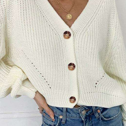 Elegant V-Neck Knit Cardigan with Dramatic Balloon Sleeves