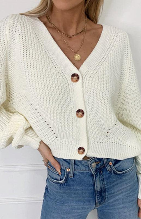 Elegant Comfort: Chic V-Neck Buttoned Knit Cardigan with Balloon Sleeves