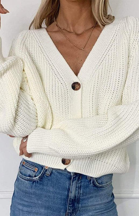 Elegant Comfort: Chic V-Neck Buttoned Knit Cardigan with Balloon Sleeves