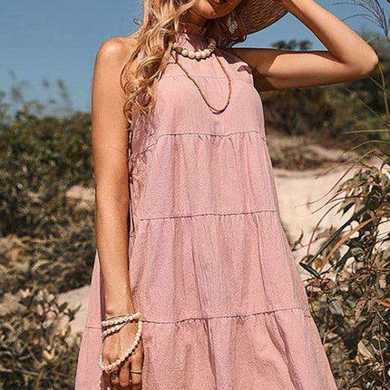 Elegant Sleeveless Halter Neck Dress in Soft Cotton-Linen Blend for Women