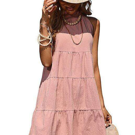 Elegant Sleeveless Halter Neck Dress in Soft Cotton-Linen Blend for Women