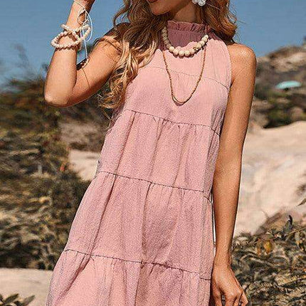 Elegant Sleeveless Halter Neck Dress in Soft Cotton-Linen Blend for Women