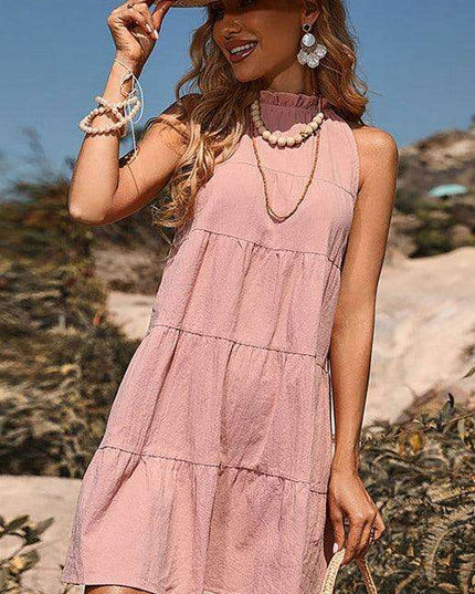 Elegant Sleeveless Halter Neck Dress in Soft Cotton-Linen Blend for Women