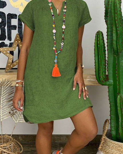 Chic Linen Summer Dress with Trendy Split Neck Design - Ideal for Warm Weather Outings