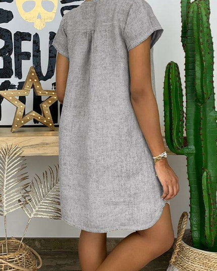Chic Linen Summer Dress with Trendy Split Neck Design - Ideal for Warm Weather Outings