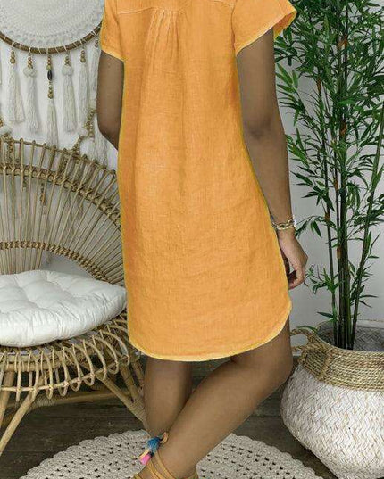 Chic Linen Summer Dress with Trendy Split Neck Design - Ideal for Warm Weather Outings