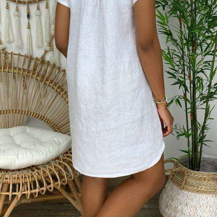 Chic Linen Summer Dress with Trendy Split Neck Design - Ideal for Warm Weather Outings