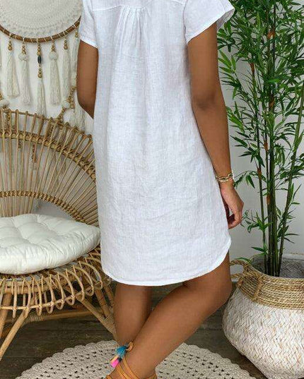 Chic Linen Summer Dress with Trendy Split Neck Design - Ideal for Warm Weather Outings