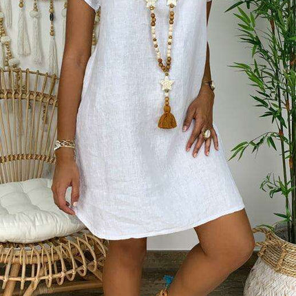 Chic Linen Summer Dress with Trendy Split Neck Design - Ideal for Warm Weather Outings