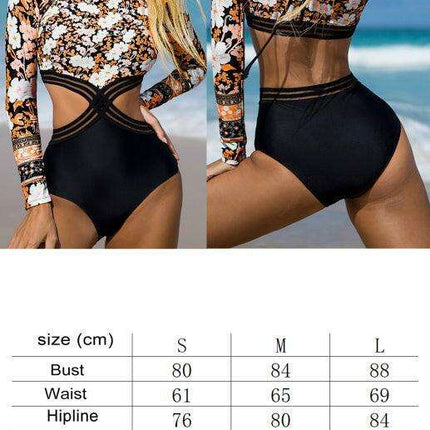 Charming Floral Delight | Trendy Women's Long Sleeve Swimsuit with Unique Cutout Feature