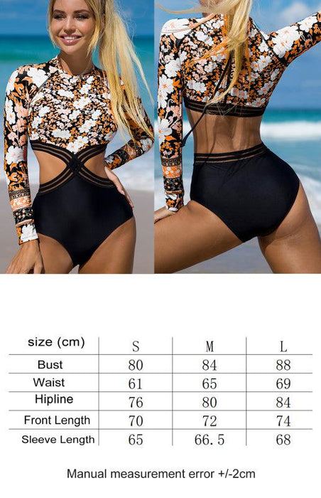 Floral Fantasy | Women's Chic Cutout One-Piece Swimsuit with Long Sleeves