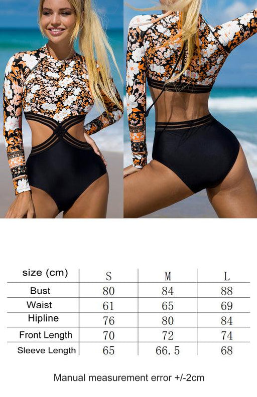 Floral Fantasy | Women's Chic Cutout One-Piece Swimsuit with Long Sleeves